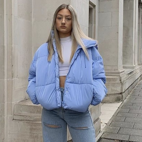 Zara Water-Repellent Quilted Hooded Jacket Shimmer Blue Puffer Coat Sz 2XL - Picture 5 of 15